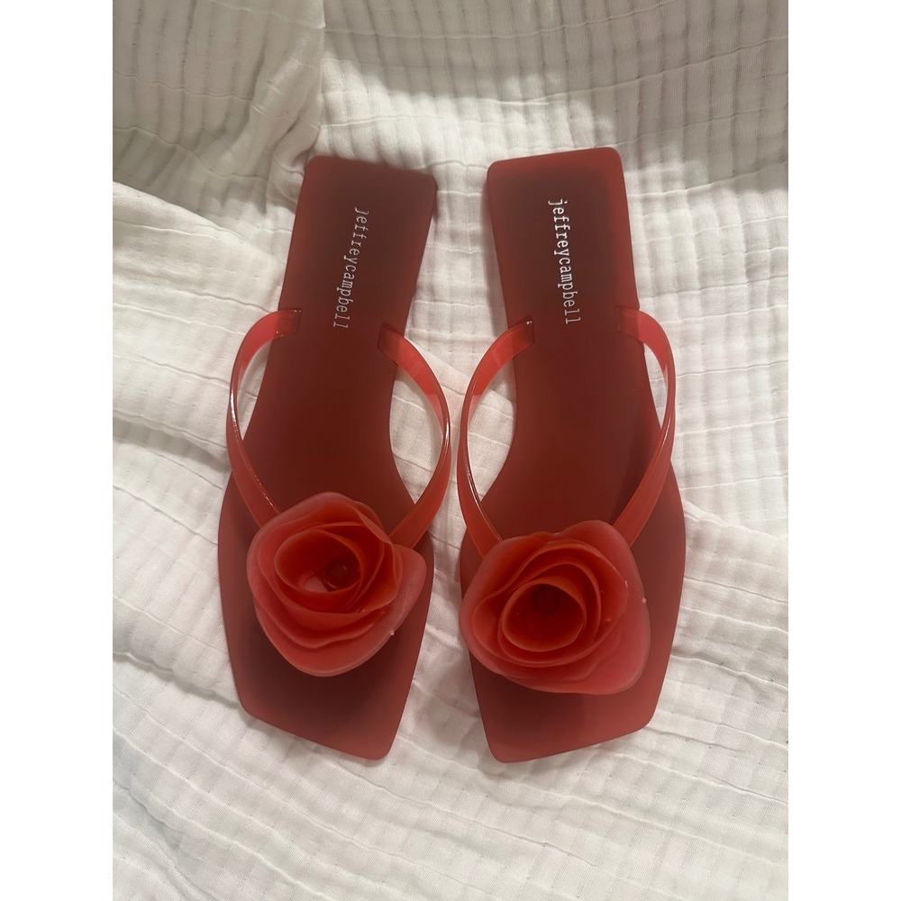Jeffrey Campbell Sweeten Red Jelly Thong Sandals Floral Rose Square Toe 8 39